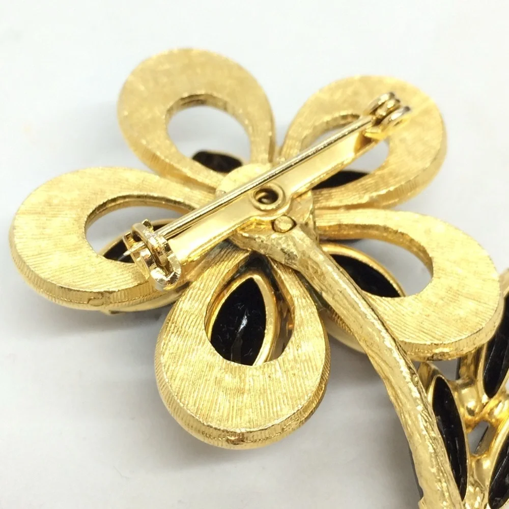 !!SOLD!! VINTAGE BLACK RHINESTONE FLOWER BROOCH PIN GOLD TONE - Picture 15 of 17
